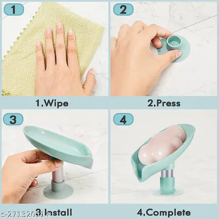 Dish Leaf-Shape Self Draining Soap Dish Holder, Not Punched Easy Clean Bar Soap Dish Holder with Suction Cup Soap (Pack of 2)