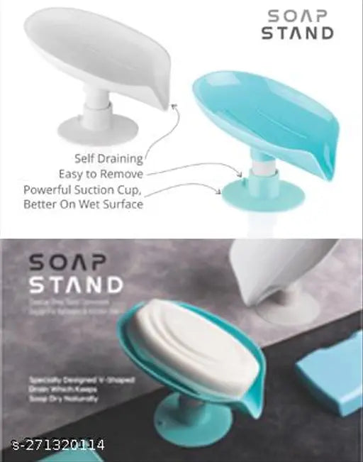 Dish Leaf-Shape Self Draining Soap Dish Holder, Not Punched Easy Clean Bar Soap Dish Holder with Suction Cup Soap (Pack of 2)